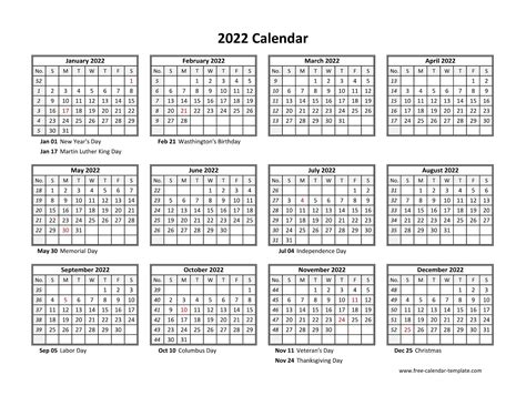 Printable Yearly Calendar 2022 With Holidays Calendar Example And Ideas