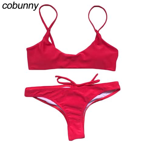 Cobunny Hot Solid Bikinis 2018 Women Push Up Bandeau Swimsuit Thong Bottom Brazilian Bikini Set