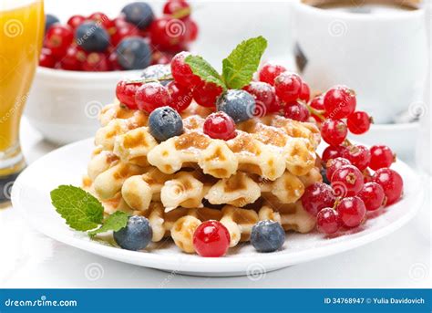 Delicious Breakfast With Belgian Waffles And Berries Close Up Stock