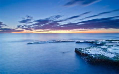 Spain Valencia Shore Coast Stones Moss Sea Calm Evening Sunset
