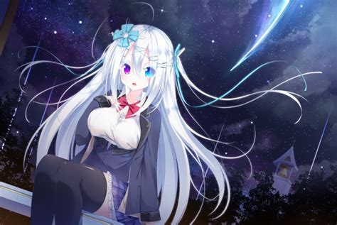 Wallpaper Anime Girl Bicolored Eyes Falling Star Sky