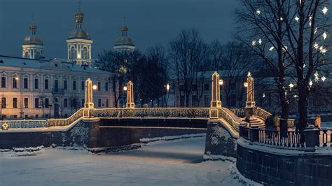 Bridge Night River Russia Saint Petersburg Snow Winter Hd Travel