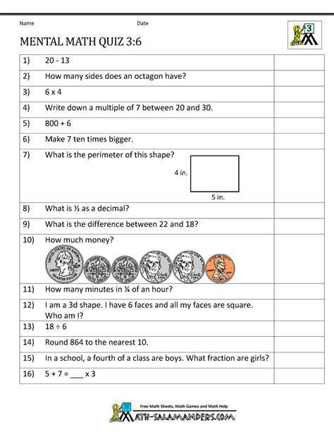 A set of multiple choice maths questions are presented. Mental Math 3rd Grade