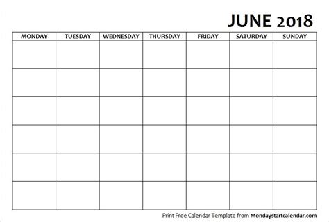 June 2018 Calendar Blank Starting Monday Calendar Printables August