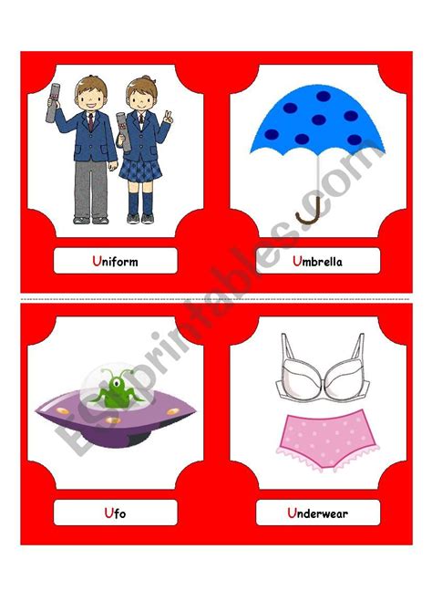 Therefore, you want to include dolch sight words like under and us.additionally, it can be helpful to include simple words that are easy for kindergarteners to remember like uncle and up.use this list of words that start with u for kids to get your kindergarteners on the road … Alphabet Words - U (flash cards) - ESL worksheet by futago1998