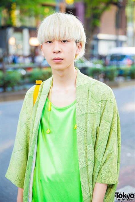 Blonde Japanese Guy In Green Street Style W Printed Kimono New York