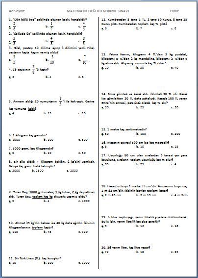 Karışık Problemler Testi 3 Sınıf Matematik Etkinlikleri