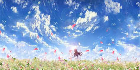 Wallpaper Sunlight Flowers Anime Sky Field Clouds Horizon