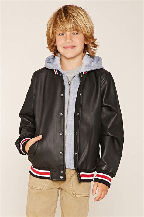 Forever 21 Boys A Faux Leather Bomber Jacket Featuring Varsity