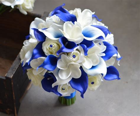 Dark Royal Blue Bridal Bouquet Real Touch Ivory Roses
