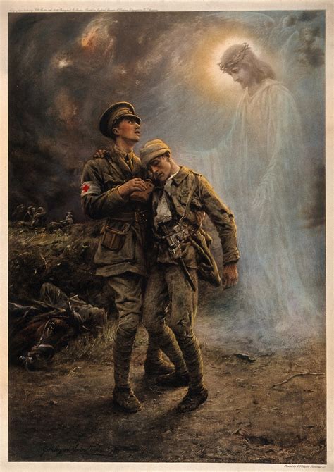 First World War Two Soldiers One Badly Wounded Being Comforted On