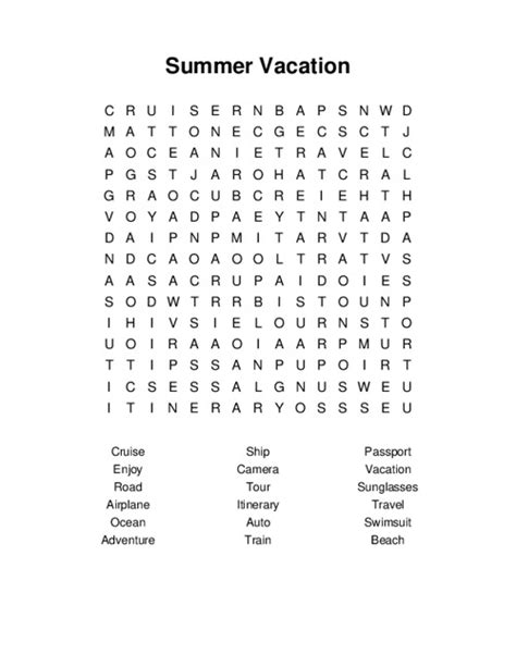 Summer Vacation Word Search