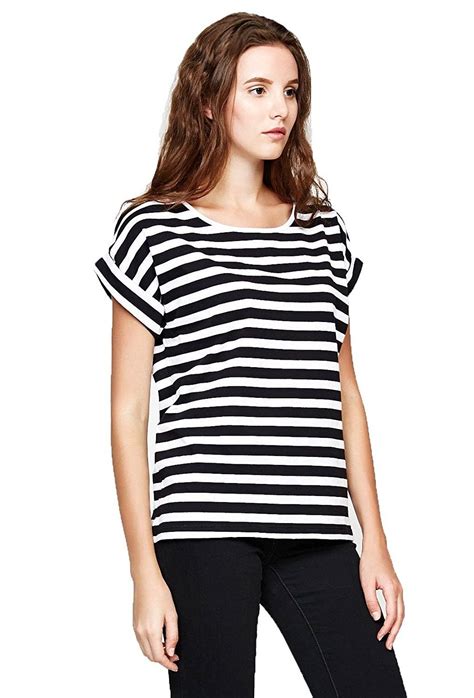 Womens Round Neck Black And White Striped Shirt Cotton Short Sleeve Tee Blouse Black
