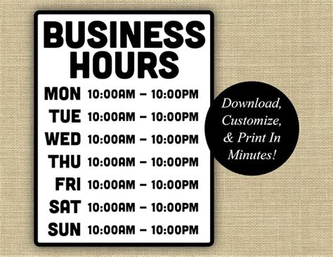 Business Hours Sign Business Hours Printable Hours Sign Etsy