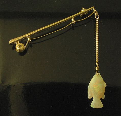 9ct Yellow Gold Fishing Rod With Solid Carved Opal Fish 795 By Glenn