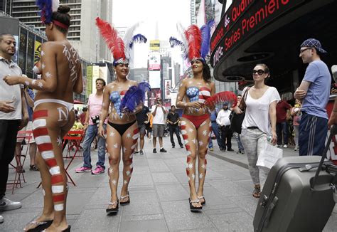 Topless Women Wearing American Flag Body Paint Walk Around Times Square