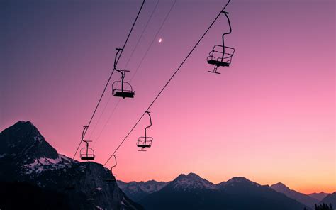 Ski Lift Silhouette Sunset Mountains Hd Wallpaper Nature