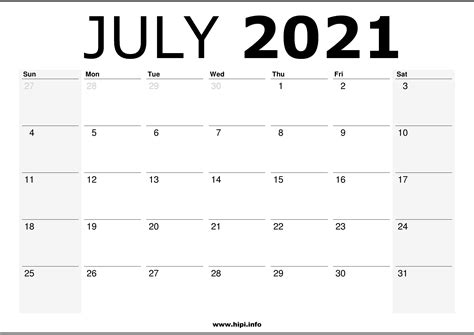 July 2021 Calendar Free