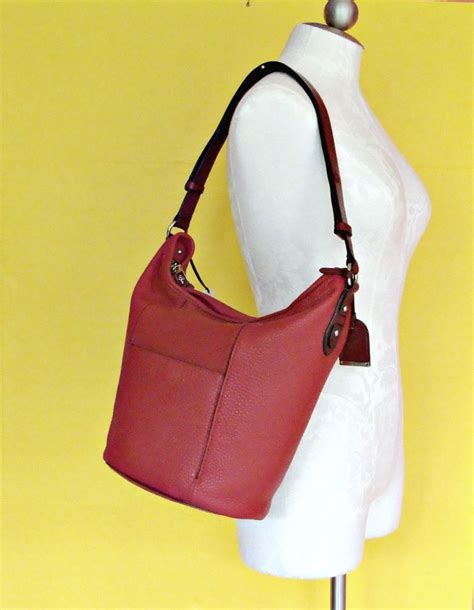 Cole Haan Red Leather Crosby Bucket Hobo Purse Crossbody Shoulder Bag Handbag Colehaan