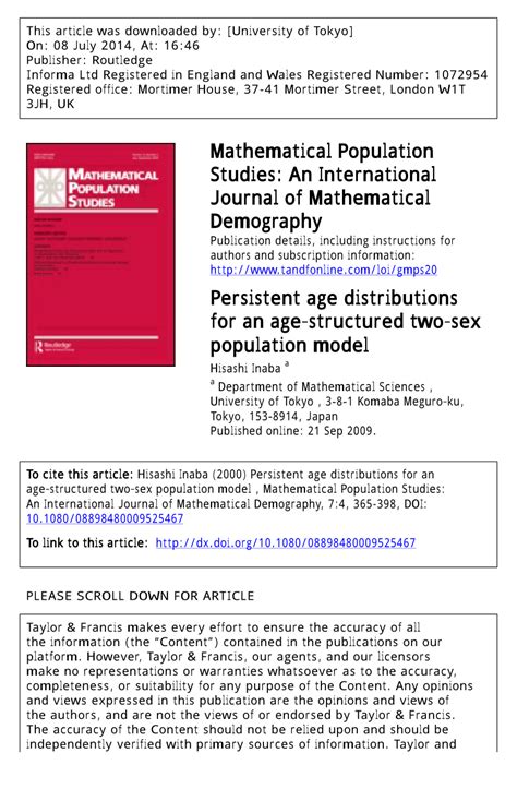 Pdf Persistent Age Distributions For An Age Structured Two Sex Population Model