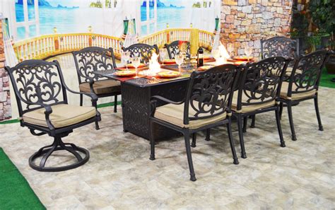 Fire pit set outdoor sofas, chairs & sectionals : Fire pit dining table set cast aluminum 9 piece propane ...