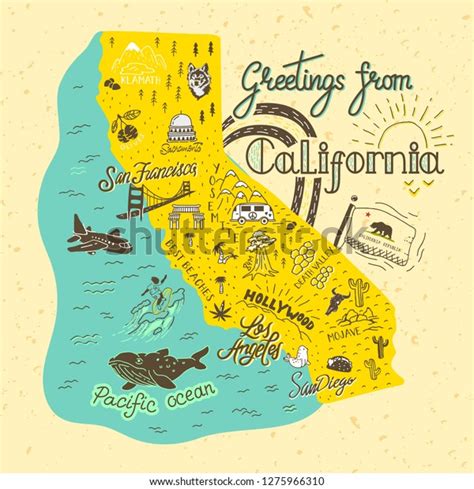 Hand Drawn Illustration California Map Tourist Stock Vector Royalty