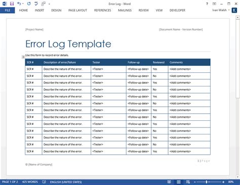 Error Log Template MS Word Software Testing Templates Forms Checklists For MS Office And