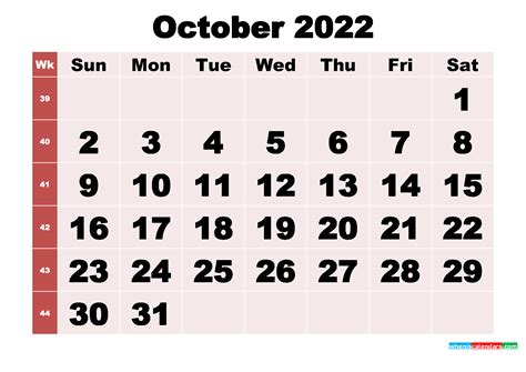 Free Printable Monthly Calendar October 2022