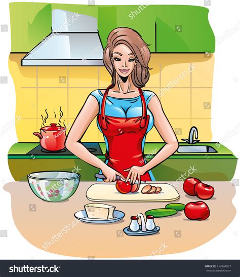 Woman Mother Wife Kitchen Cook Delicious ภาพประกอบสต็อก 414947827