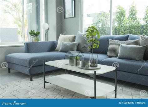 Modern And Stylish Living Room Blue Sofa And Grey Pillow With Coffee