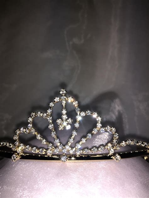 Charmed Gold Crown Rhinestone Tiara With Floral Dangling In The Middle