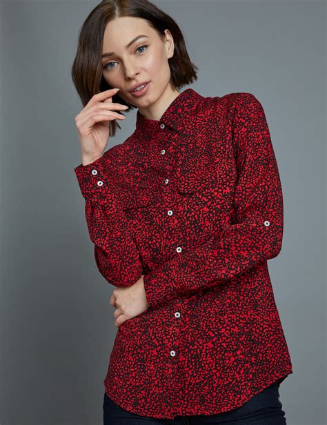 Womens Black And Red Static Print Relaxed Fit Shirt Single Cuff Hawes And Curtis