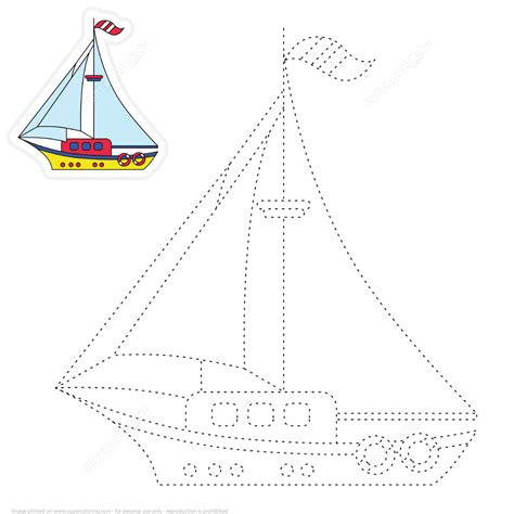 Rita en båt från streckade linjer och färglägg Pusselspel