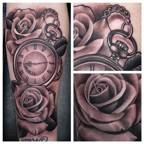 Pocket Watch And Roses Tattoo By Justin Burnout Rose Tattoos Watch