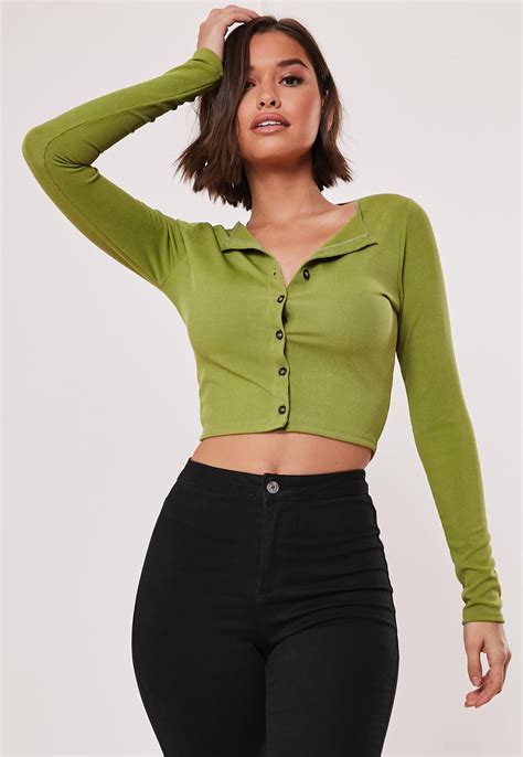 Shop a great selection of crop tops for women at nordstrom rack. Green Rib Button Up Long Sleeve Crop Top | Missguided