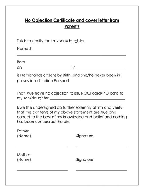 No Objection Certificate And Cover Letter From Parents Fill And Sign