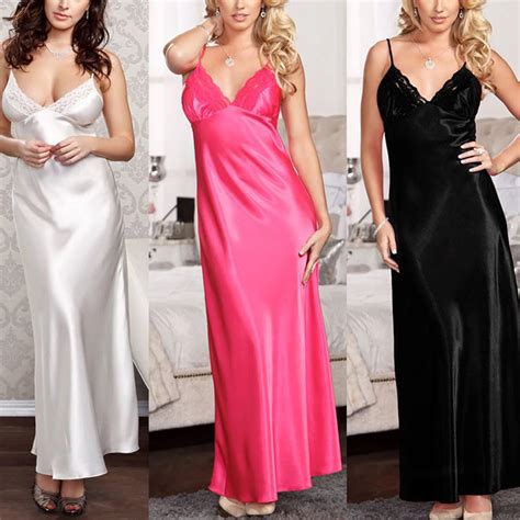 Spaghetti Strap Silk Satin Long Nightdress Women V Neck Sexy Lace Lingerie Nightgown Plus Size