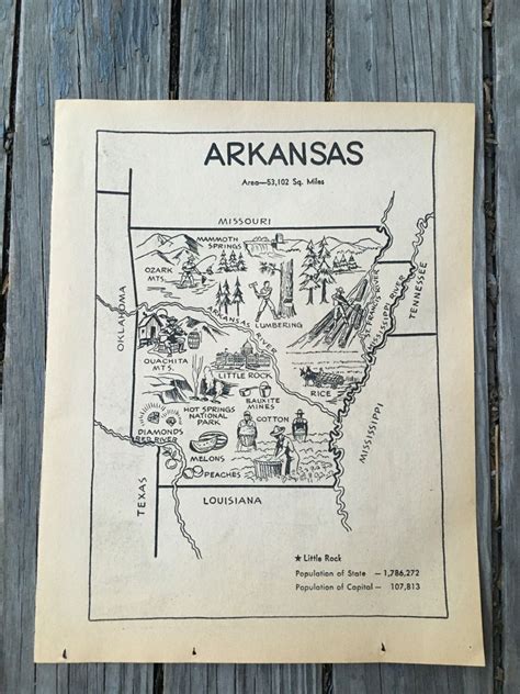 Vintage Arkansas Map Art 1950s Coloring Book Page State Map Etsy