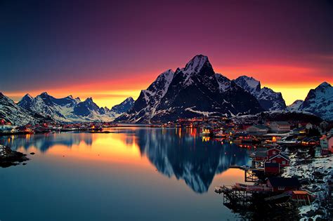 Fonds Decran Norvège Maison Lac Montagnes Levers Et Couchers De Soleil