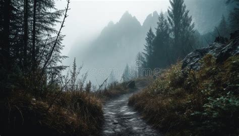 Mysterious Mountain Landscape Foggy Autumn Adventure Awaits Generated