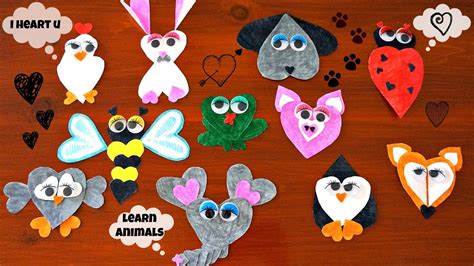 Create Cute Animals Using Heart Shapes Learn Animal Names And Sounds