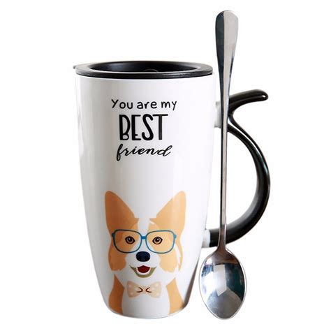 Buy Cute Dog Style Ceramic Mugs With Lid And Spoon