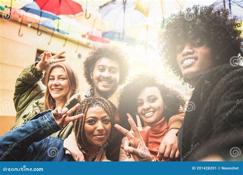 Group Of Happy Multiracial Friends Taking Selfie For Social Media Stock