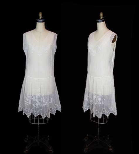 Vintage 1920s Dress ~ White Embroidered Net Lace Shee Gem