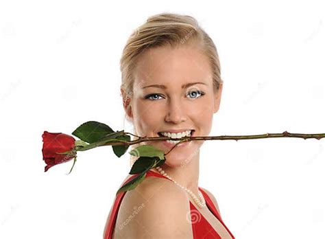 Young Woman With Rose In Mouth Stock Photo Image Of Mouth Fresh