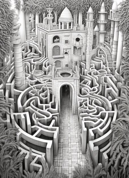 Eine Schwarz Weiße Zeichnung Eines Labyrinths Mit Einem Schloss In Der