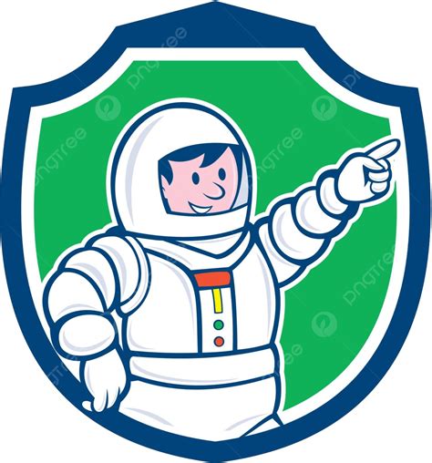 Astronauta Apuntando Escudo Frontal Ilustración De Dibujos Animados