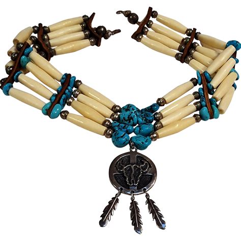 Native American Sterling Silver Turquoise Nugget Bench And Ox Bone Bead