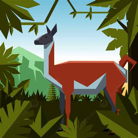 Vector Image Of The Flat Geometric Jungle Background With Guanaco