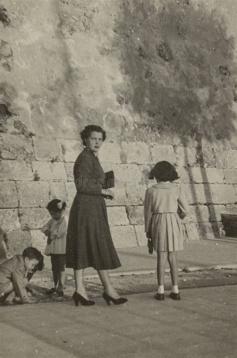 Mother And Children Walking In The City 1940s Editorial Stock Photo